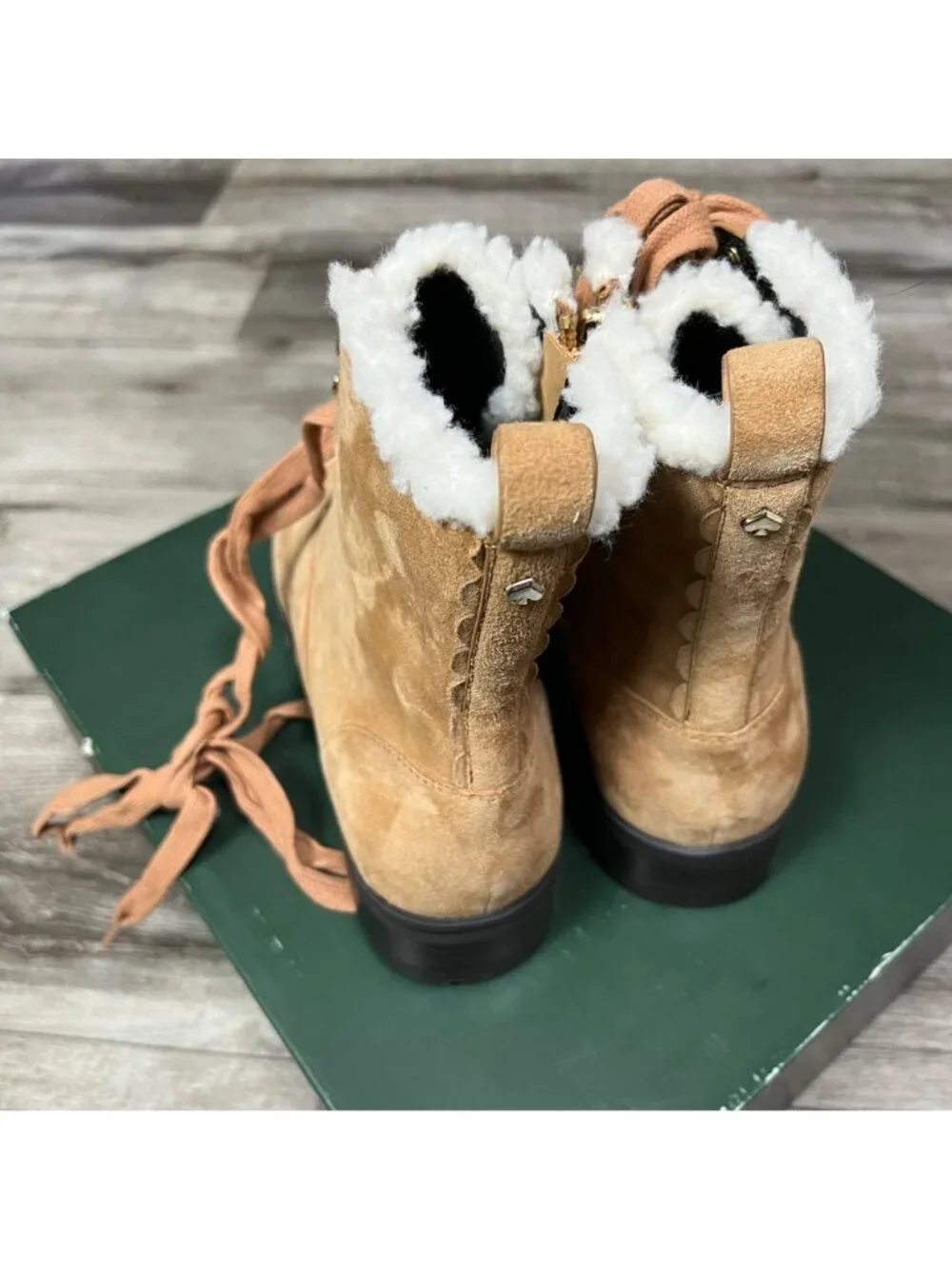 Kate Spade Raegan Classic Saddle Lace Up Boots Faux Fur NIB Brown Women’s Sz 7